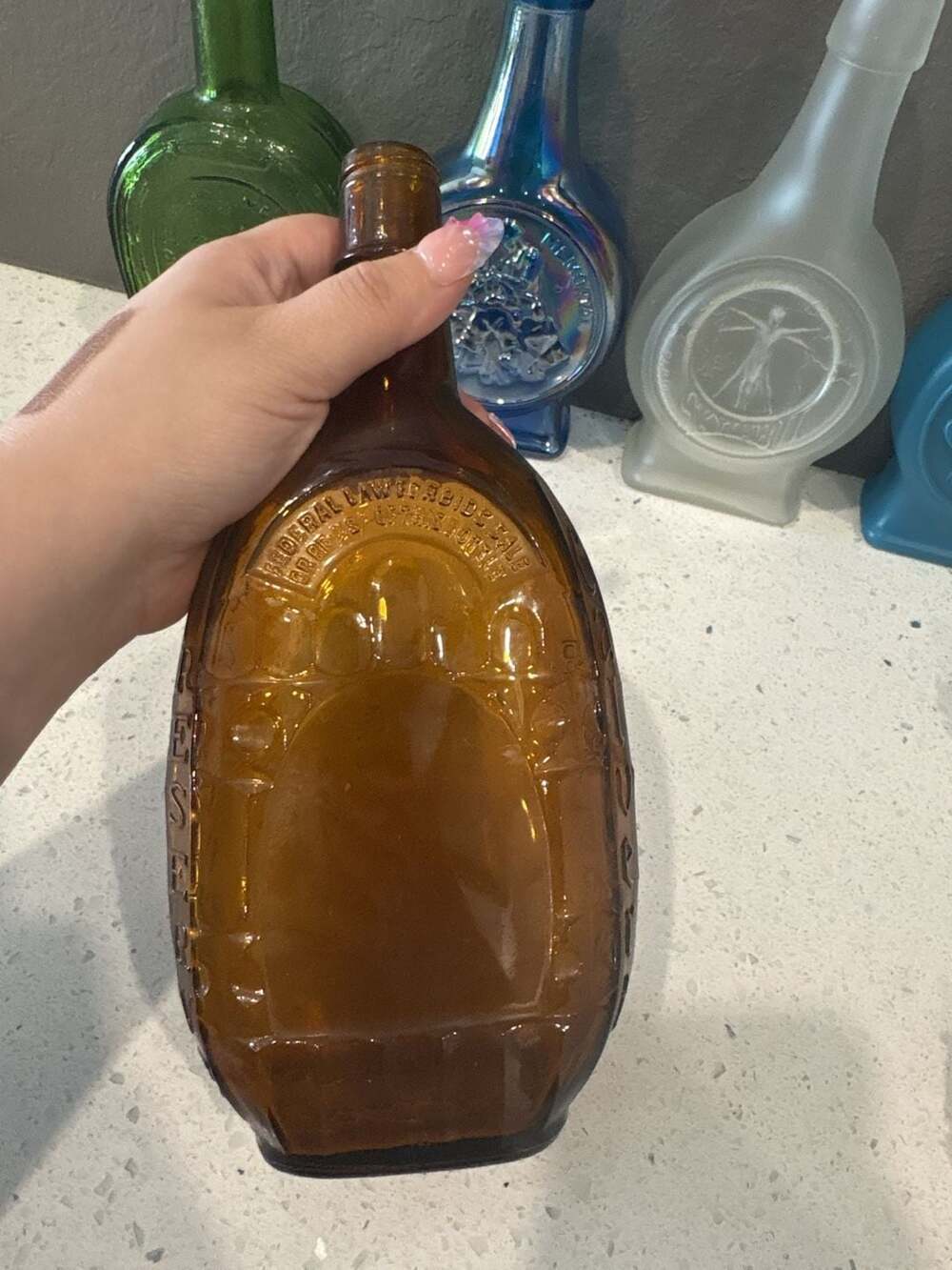 Vintage Calvert Reserve Amber Glass Whiskey Bottle Federal Law Forbids